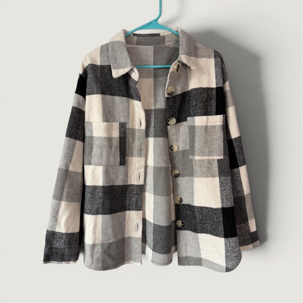 Buffalo Plaid Shacket L Black White Gray Flannel Oversized Shirt Jacket Check